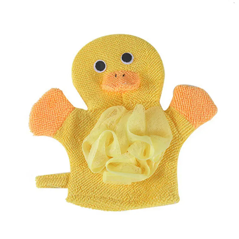 Gelber, entenförmiger Babyduschschwamm in Tierhandschuhform mit strukturiertem Stoffkörper, orangefarbenen Füßen und Schnabel sowie angefügtem gelbem Luffa-Schwamm für eine besonders sanfte Anwendung unter der Dusche.
