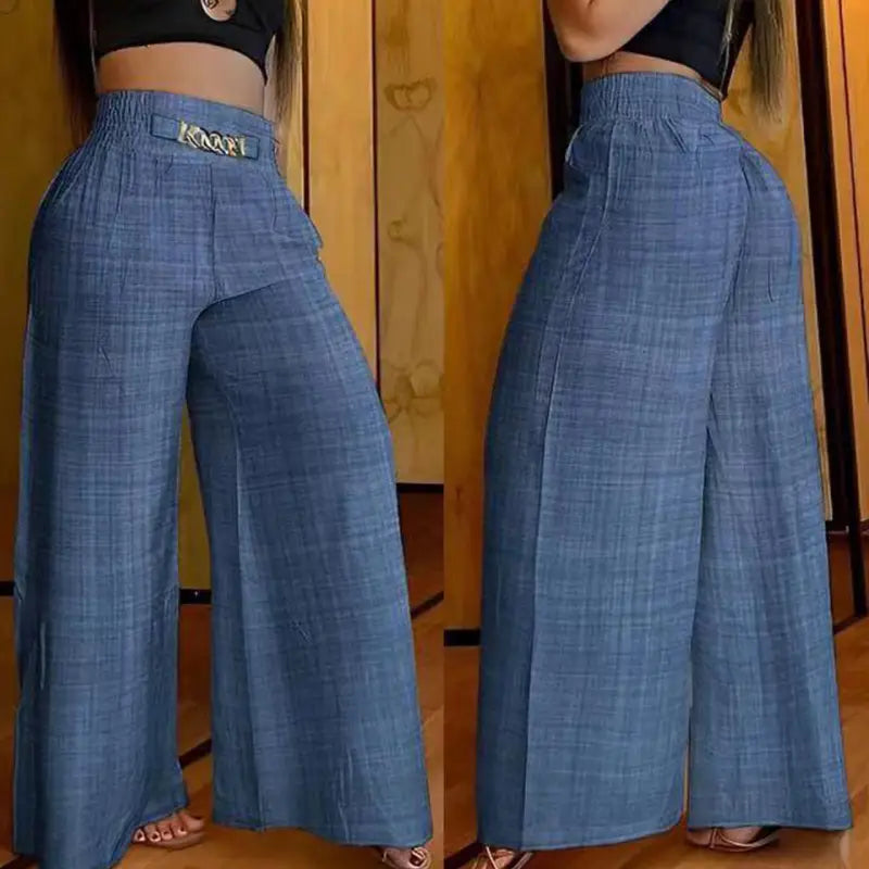 Pantalon bleu à jambes larges avec un motif à carreaux discret et une ceinture élastique, portant le nom de marque karr en lettres dorées, conçu pour une tenue décontractée au bureau.