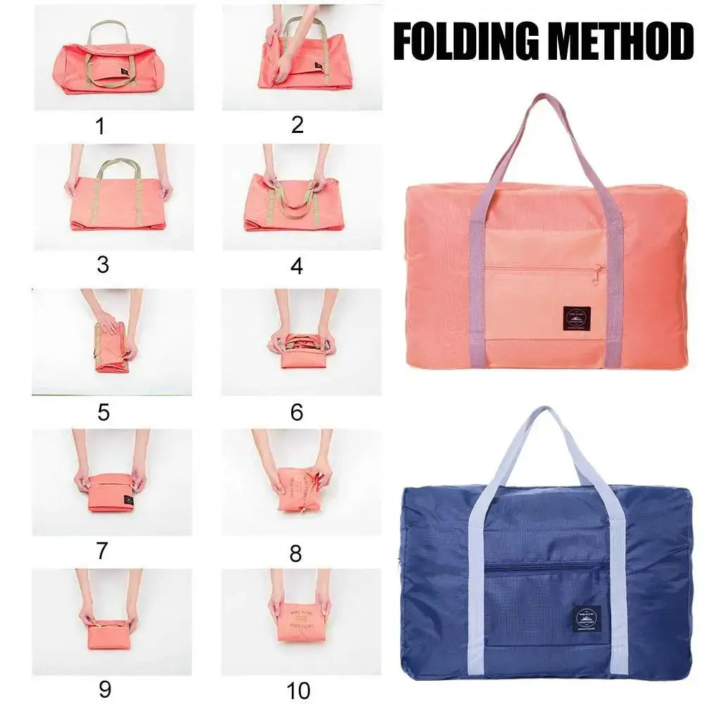 Juego de bolsa de lona de viaje plegable que incluye una bolsa plegable color coral, con correas de color lavanda contrastantes y un bolsillo frontal con cremallera.