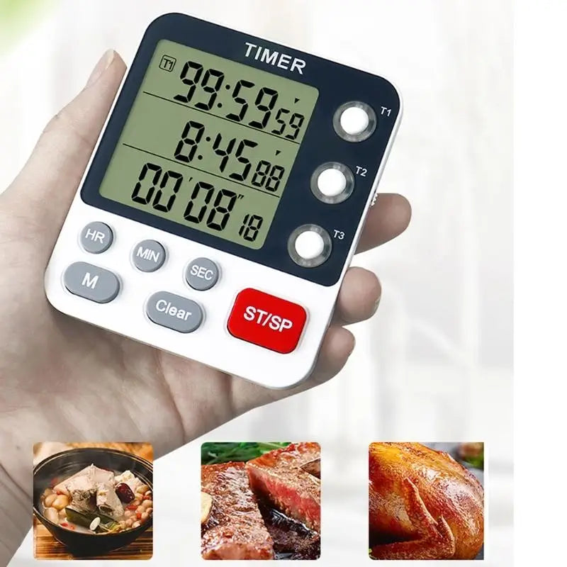 Dreikanaliger digitaler Küchen-Timer in Weiß und Schwarz mit roter Start-Stopp-Taste; Anzeige von drei separaten Countdown-Timern und mit lauter Alarmfunktion.