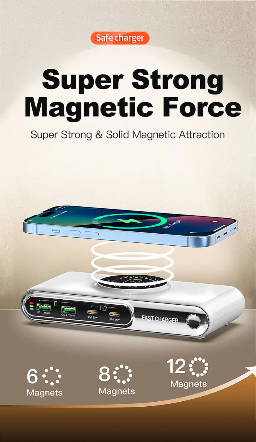 White rectangular 72w 6-in-1 wireless charging station with multiple ports and a magnetic charging pad for versatile device charging.