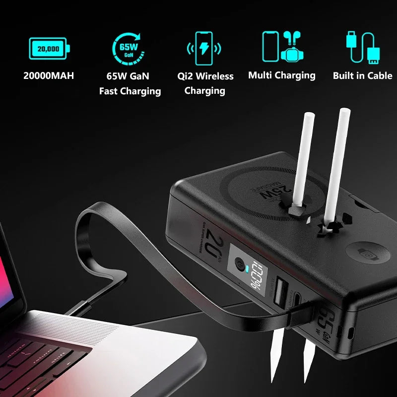 65W GaN USB C PD Charger for Laptop Power Bank 20000mAh Qi2 22.5W Magnetic Wireless Fast Charger Powerbank for iPhone 17 iWatch