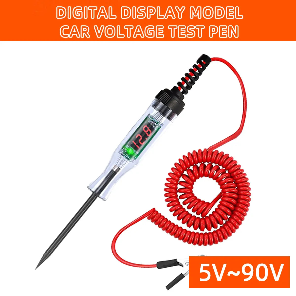 Automotive digital voltage circuit tester pen with a clear plastic body, black tip, and red coiled cord for car voltage testing.