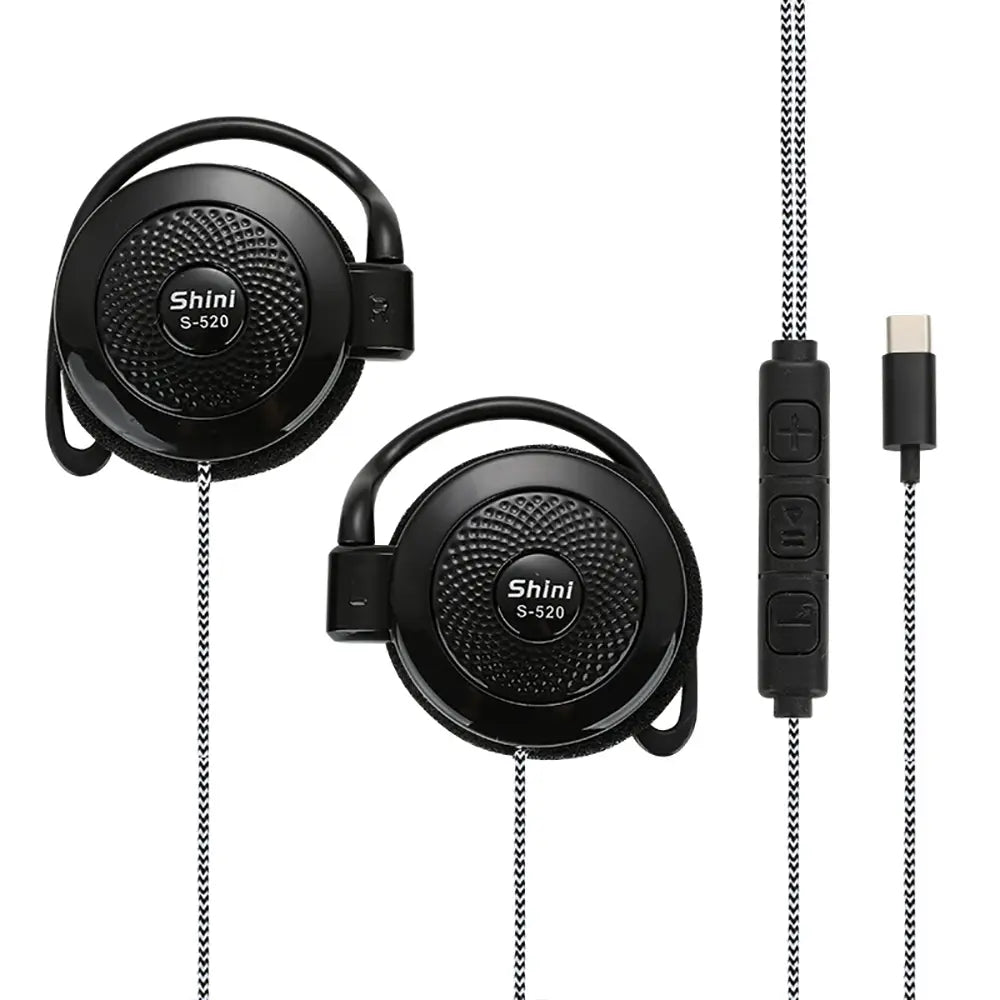 black shini s-520 usb-c wired on-ear sports headphones with over-the-head design textured circular driver and braided cable.