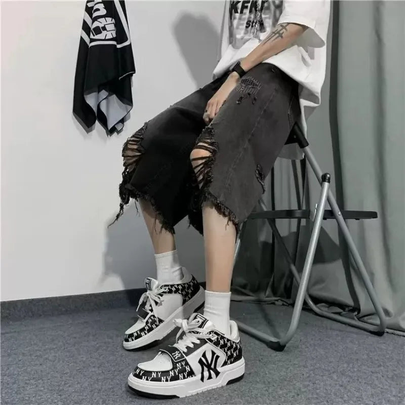 Men's Jeans Ripped Denim Man Pants Cropped Pants Casual Summer Vintage Streetwear Wide Leg Stylish