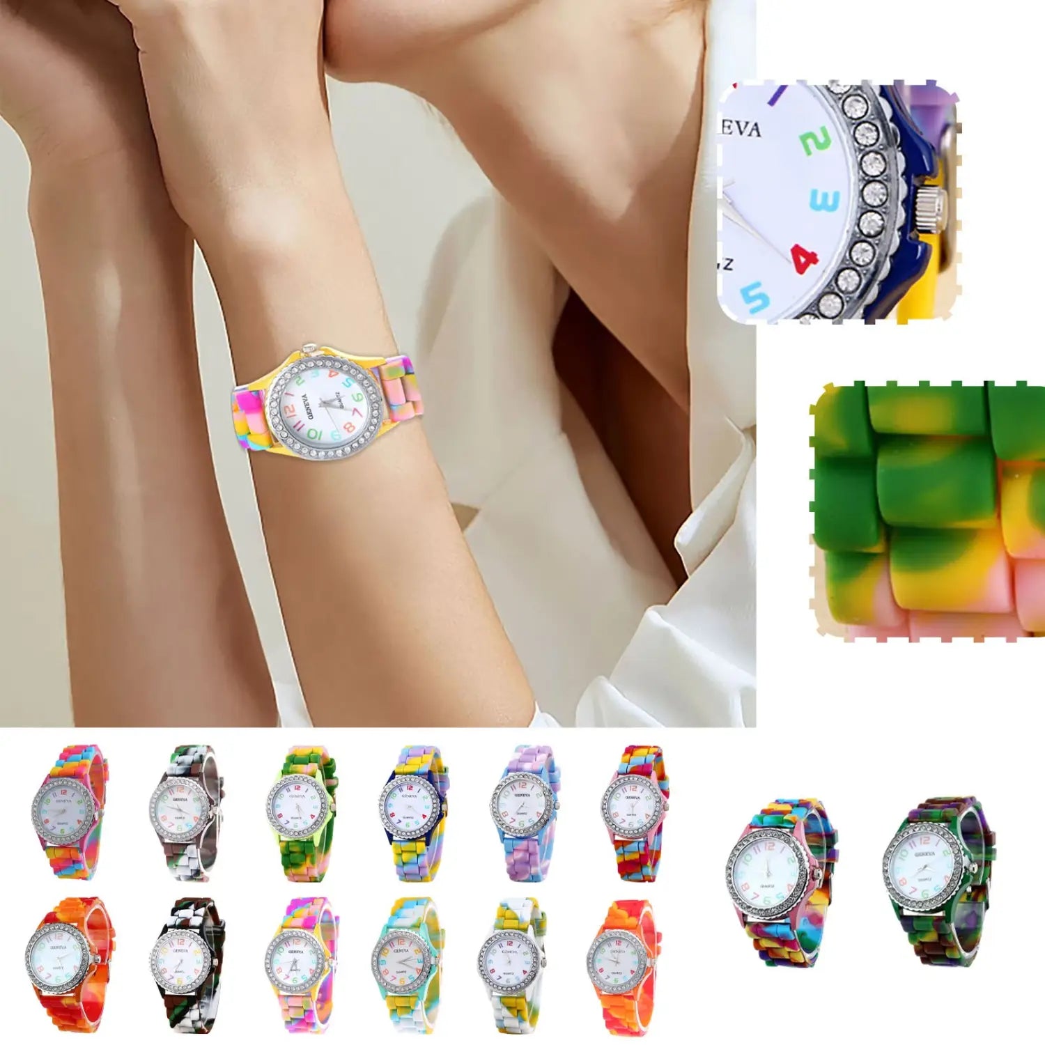 A girls crystal bling rainbow silicone watch with a colorful rainbow-patterned silicone band silver-toned bezel adorned with clear crystals and a white dial featuring bold red numerals.