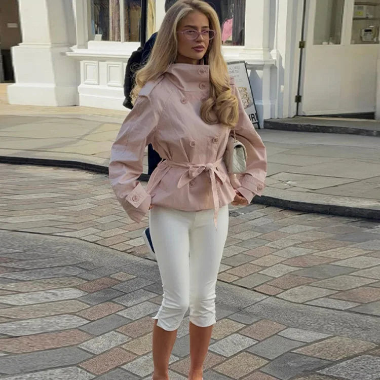 Women's New Short Trench Coat Women's Stand-up Collar Double-breasted Lace-up Waist Jacket
