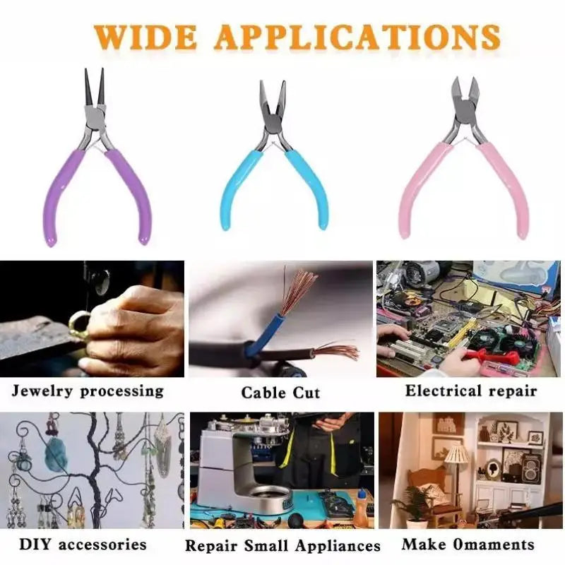 Ensemble de trois pinces à bijoux de précision à poignées colorées en métal pour le travail, la coupe de câble et les réparations électriques.