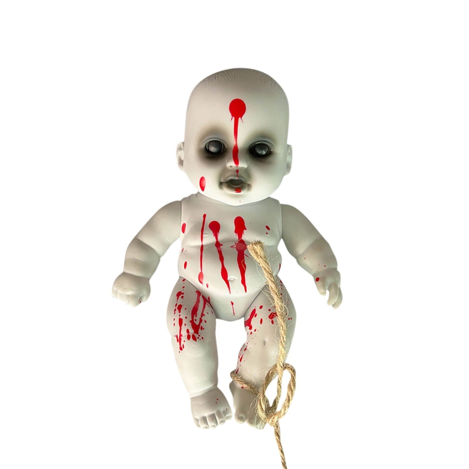 white plastic baby doll with red paint splatters and rope tied around ankles designed as halloween hanging ghost doll spooky prop.