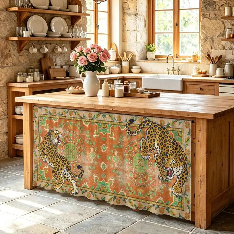 VIKAMA Boho Antique Leopard Pattern Cabinet Curtain Oriental Rug Under Sink Dust Cover Kitchen Counter Decor Short Curtain