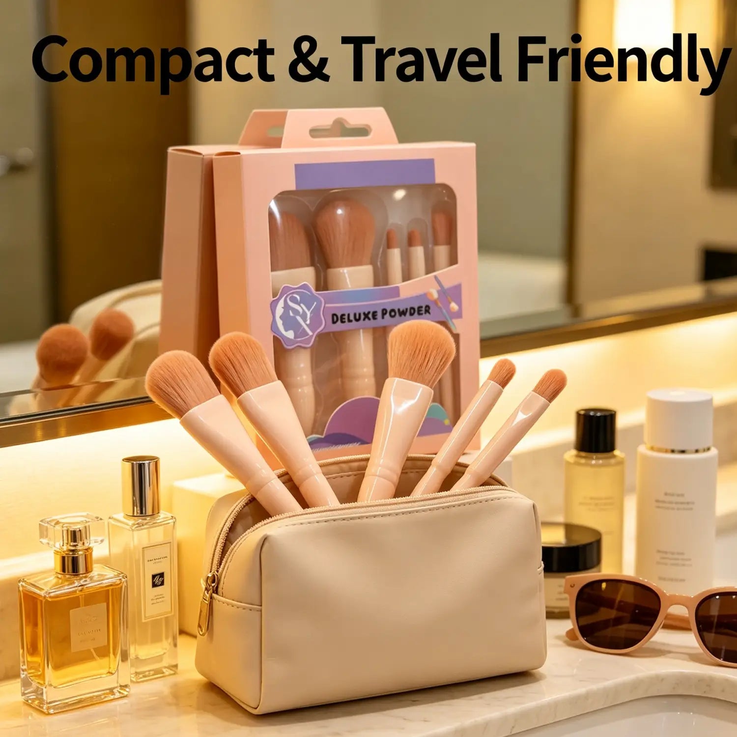 Ensemble complet de 5 pinceaux de maquillage en cuir beige, avec une pochette compacte assortie et un emballage pour poudre de qualité supérieure, fabriqués sur le territoire continental de Chine.