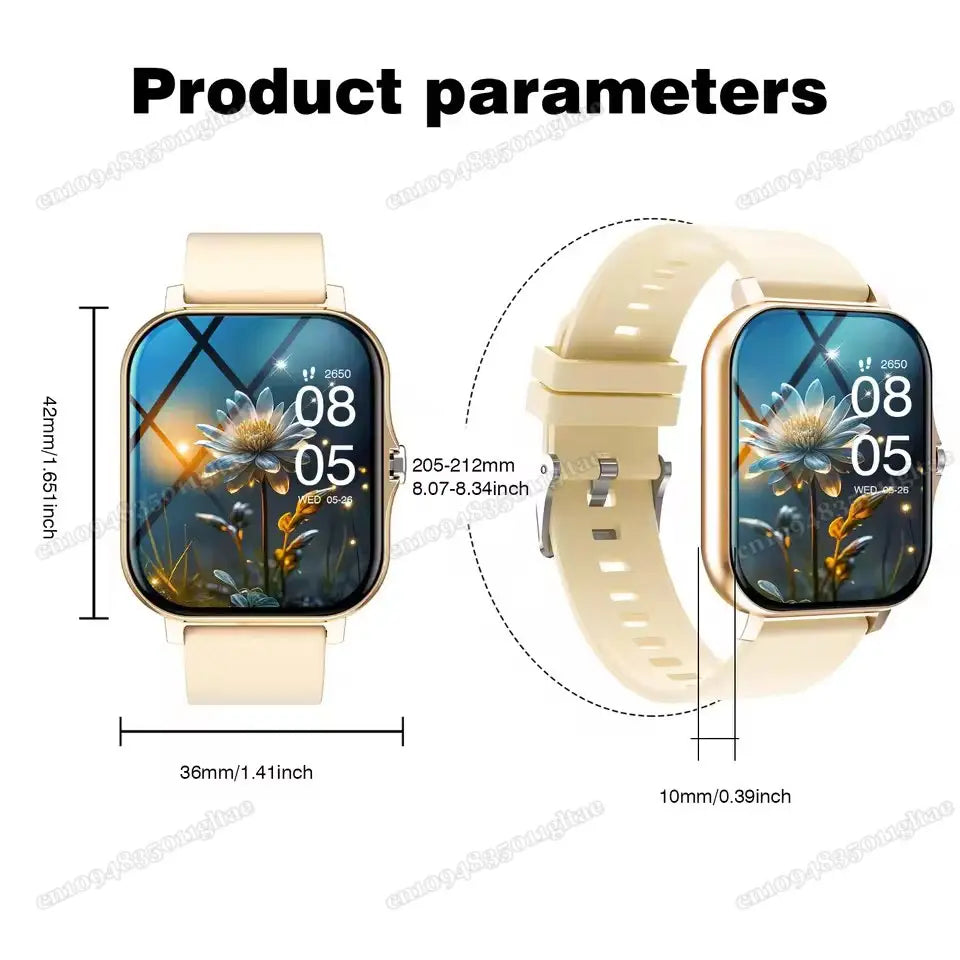 Reloj inteligente Bluetooth 2.01 HD para fitness con correa de silicona color beige, estuche de tono dorado y pantalla rectangular redondeada, que muestra un fondo floral.