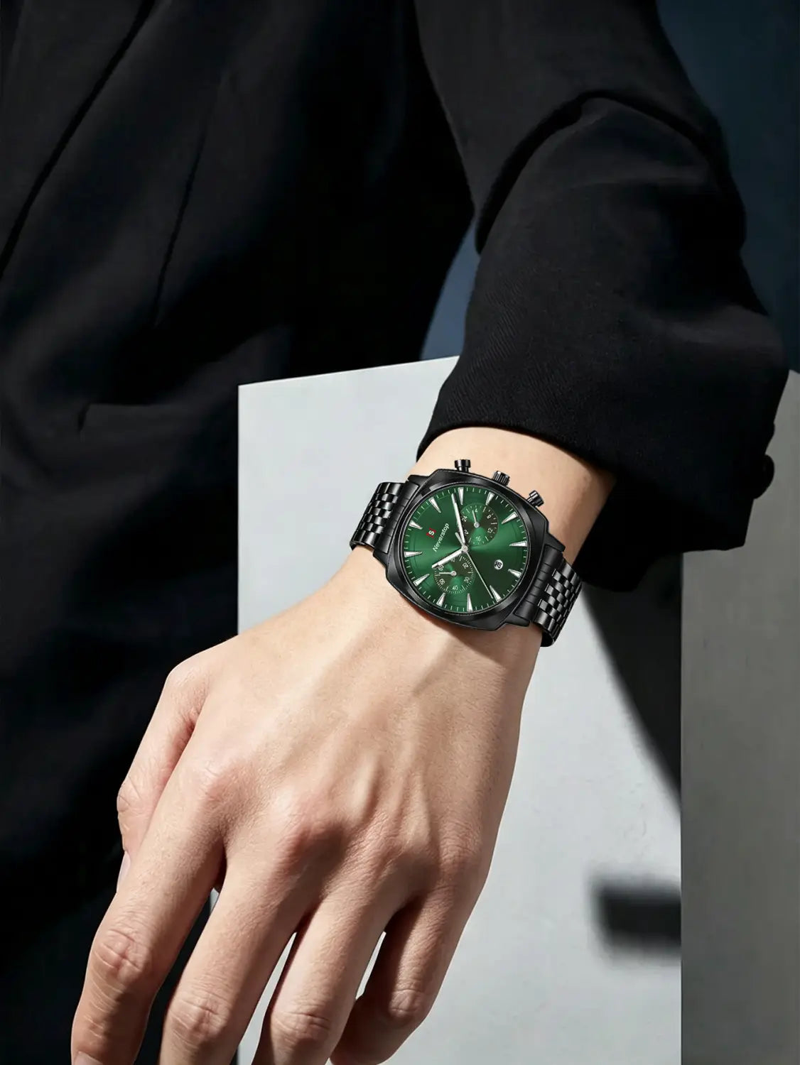 Men’s stainless steel chronograph watch featuring a black stainless steel case, vibrant green dial, and checkered bracelet.