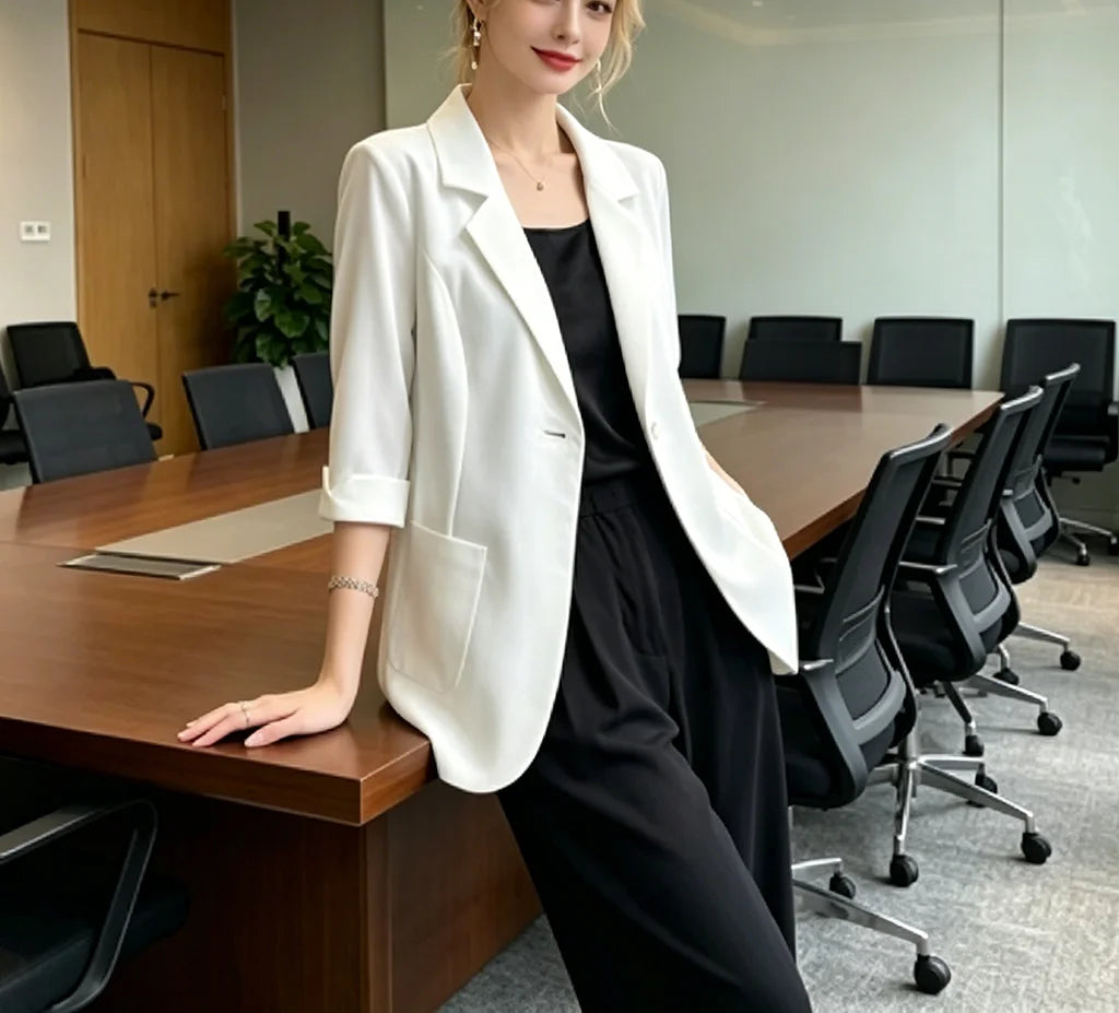Women White 3/4 Sleeve Blazer Elegant Office Business Suit Jacket Loose Pocket Formal Workwear Ladies Casual O