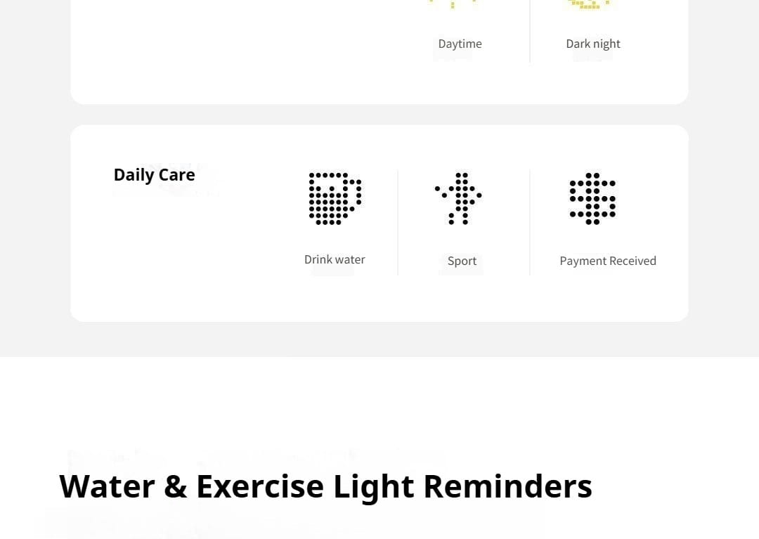 the smart temperature and humidity clock duka mooda features a water and exercise light reminders section with icons for drink water, sport, and payment received.