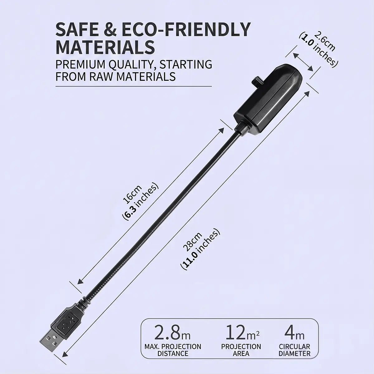 Projecteur mini LED noir à tête allongée et design épuré, avec une tête compacte de 2,6 cm projetant jusqu’à 12 mètres carrés à partir d’une distance maximale de 2,8 m pour la lumière de galaxie « ciel étoilé » du projecteur mini LED.