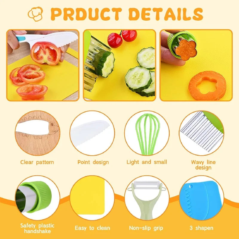 11/17Pcs Montessori Kitchen Tools Set Cookware Baking Toy Kids Safe Knives With Cutting Board Toddlers Real Cooking Accessories