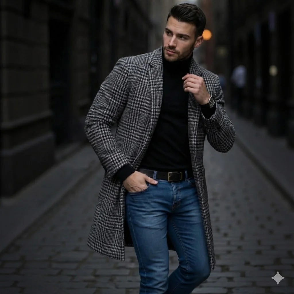 Men's Single Breasted Woolen Blend Trench Coat, Stripes Long Warm Windproof Jacket for Autumn, Classic Solid Color Outerwear