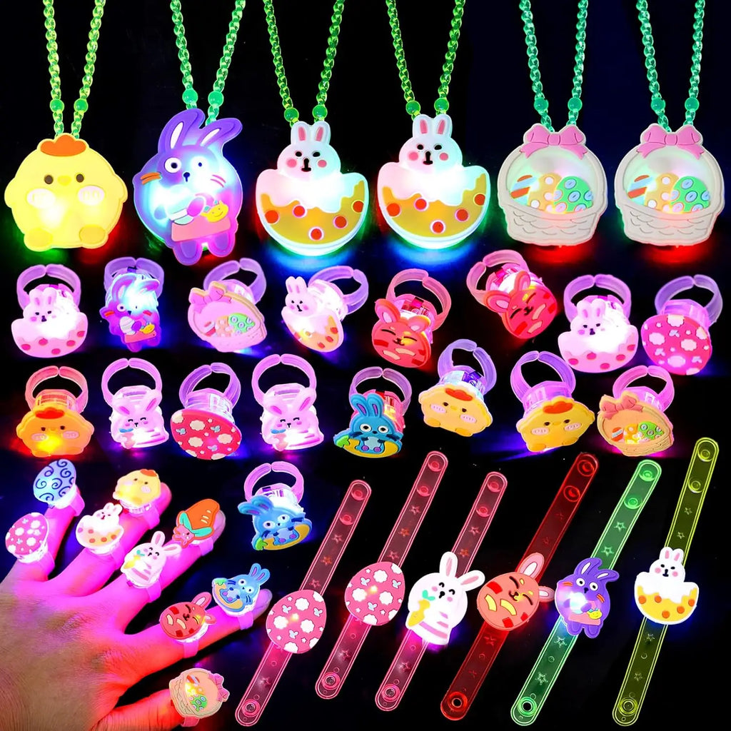 Easter LED Light Up Ring Necklaces Bracelets Easter Party favors of  Basket Stuffers Egg Fillers Glow In The Dark Party Supplies