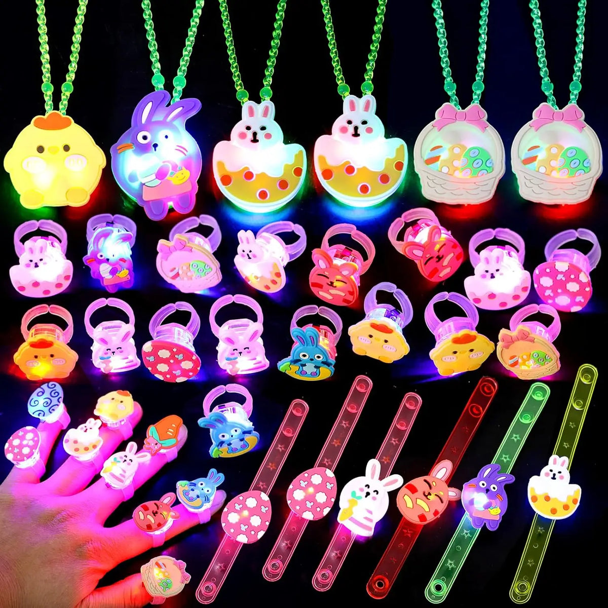 Easter LED Light Up Ring Necklaces Bracelets Easter Party favors of  Basket Stuffers Egg Fillers Glow In The Dark Party Supplies