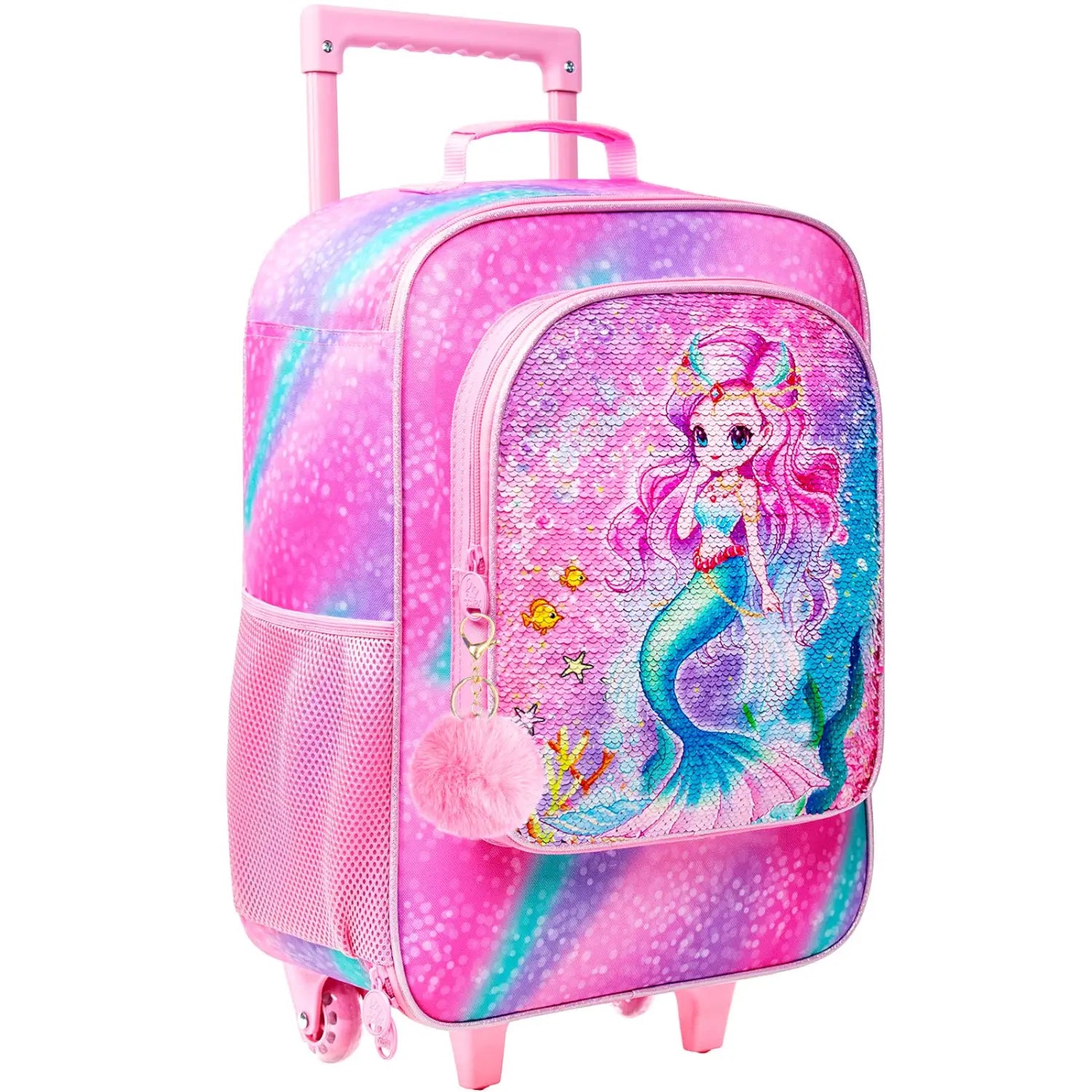 Rosa Meerjungfrauen-Kinder, rollender Koffer mit Pailletten-Frontpaneel und Reisetrolley-Design.