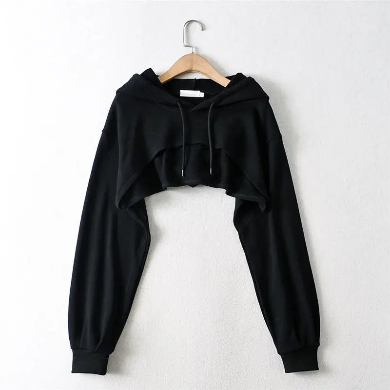 Women's Cropped Hooded Sweatshirt Solid Color Long Sleeve Front Hollow Out Short Hoodies Sweater Spring Autumn Streetwear
