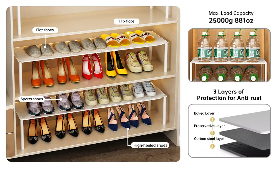 White expandable metal shoe rack with a three-layer anti-rust coating for organized shoe storage