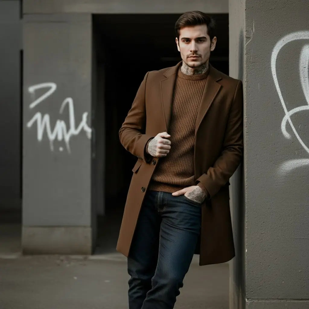 Un homme portant un manteau d’hiver en laine à simple boutonnage marron avec un pull tricoté assorti et un jean bleu foncé.