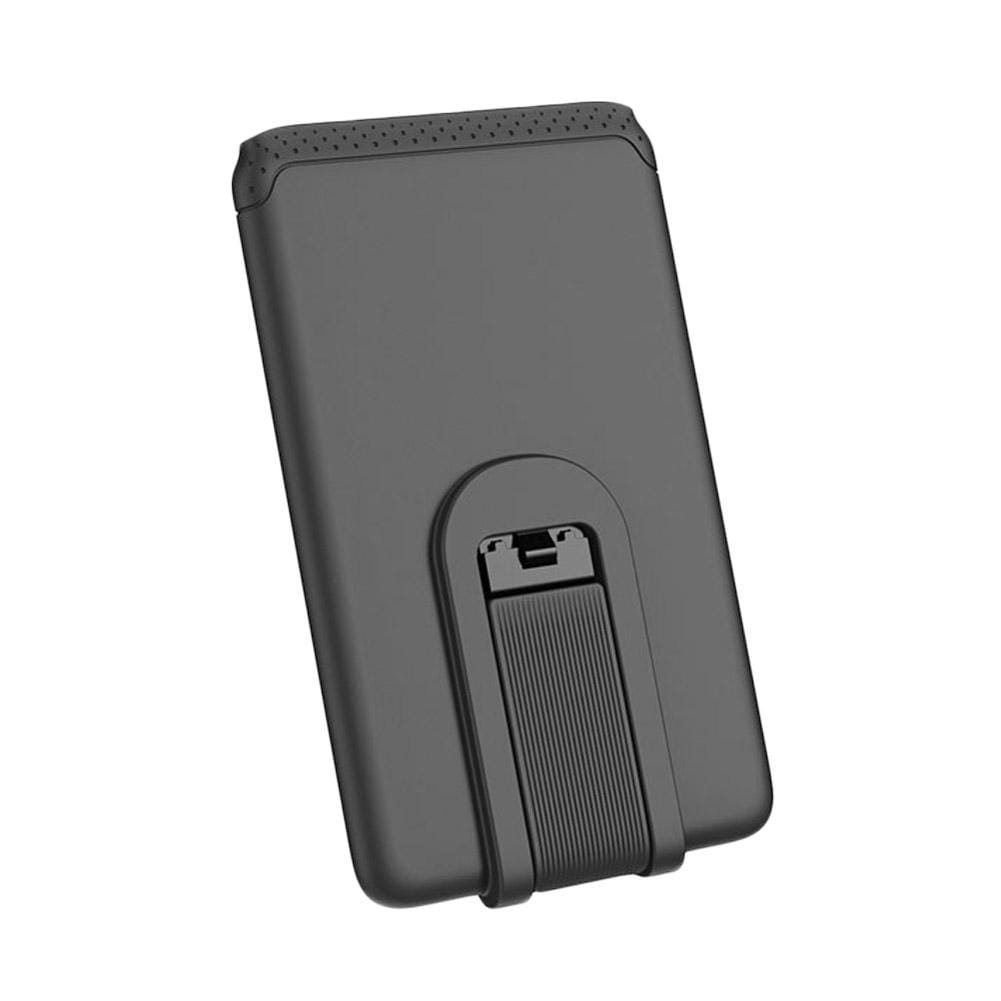 Black plastic phone card holder with textured grip and perforated top edge designed as a stick-on silicone mobile phone wallet.