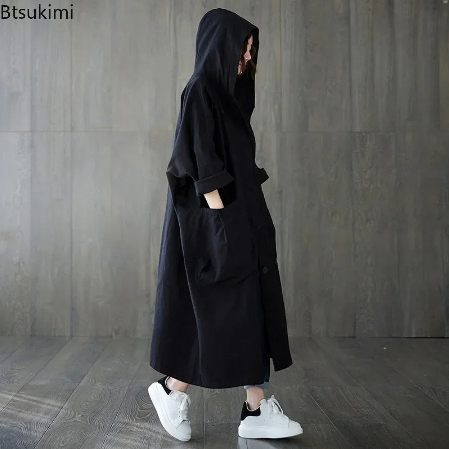 New 2026 Ladies Hooded Trench Coats Solid Loose Single-breasted Long Jacket for Daily Wear Women Windbreaker Casual Outerwear