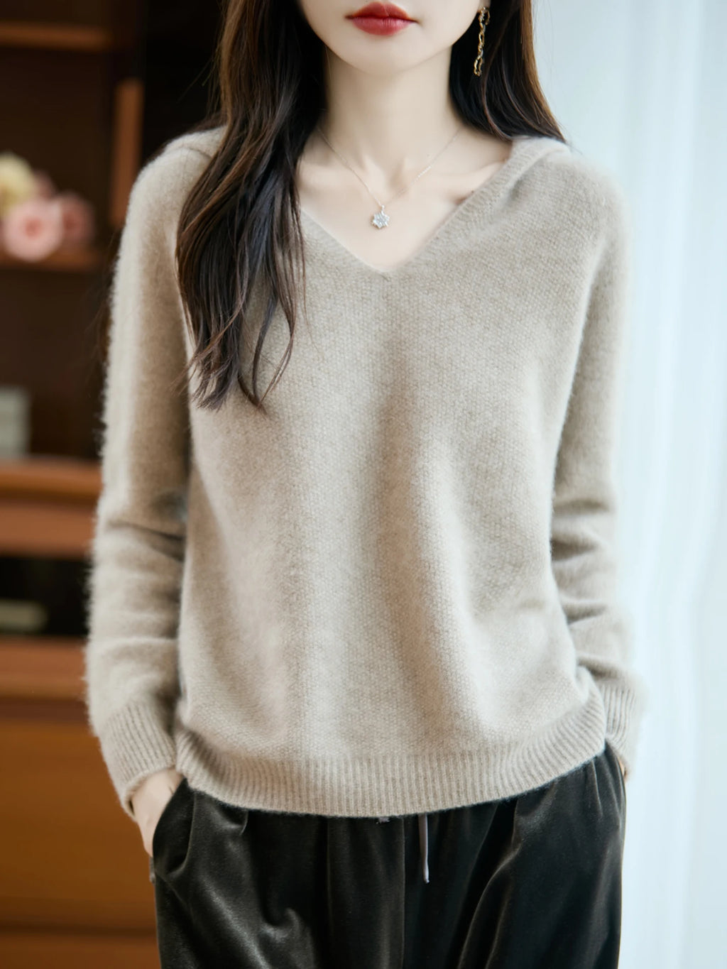 High-end 100% Pure Wool Pullover Sweater Women's New Hooded Soild Loose Basic Cashmere Knit Coat Autumn Winter Thick Warm Soft
