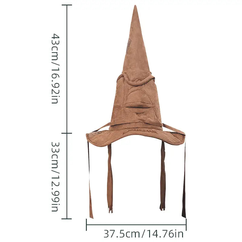 Sombrero de bruja de ante marrón tipo clasificación con superficie texturizada, parte superior puntiaguda y borlas deshilachadas para disfraces de Halloween.