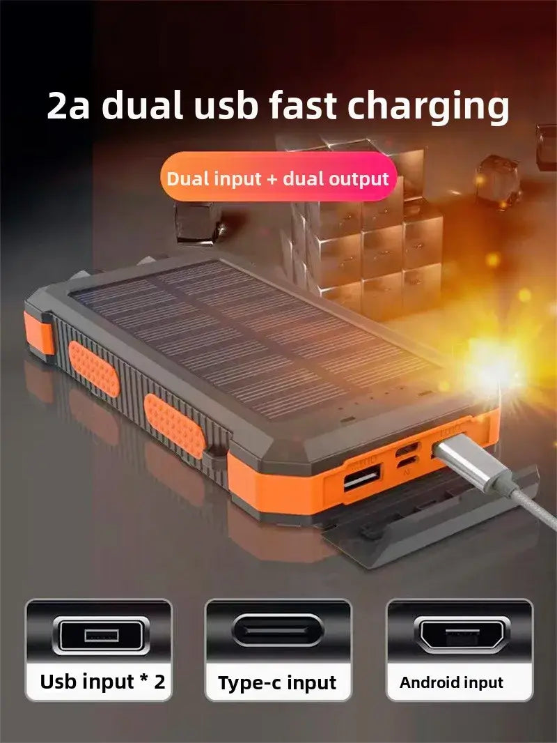 Orange and black rugged solar power bank 20000mAh portable charger with dual USB fast charging ports designed for outdoor use.