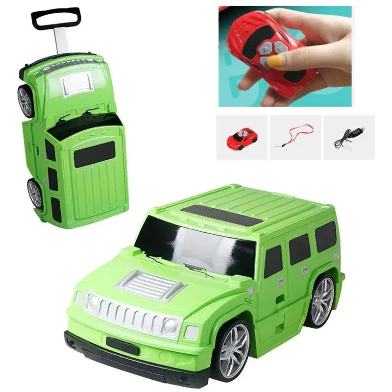 Grüner Hummer-Stil Kinderfahrzeug auf einem ferngesteuerten Gepäckkoffer mit schwarzen Akzenten und silbernen Felgen, von der Rückseite dargestellt