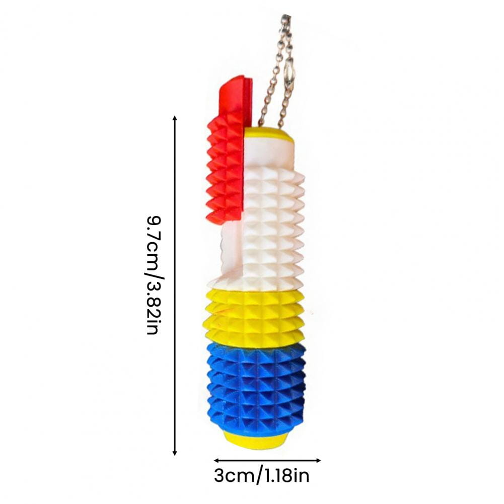 Un colorido rodillo giratorio antiestrés tipo fidget con pinchos 5 en 1, con secciones con textura de pinchos en rojo, blanco, amarillo y azul, diseñado como un juguete versátil para aliviar el estrés