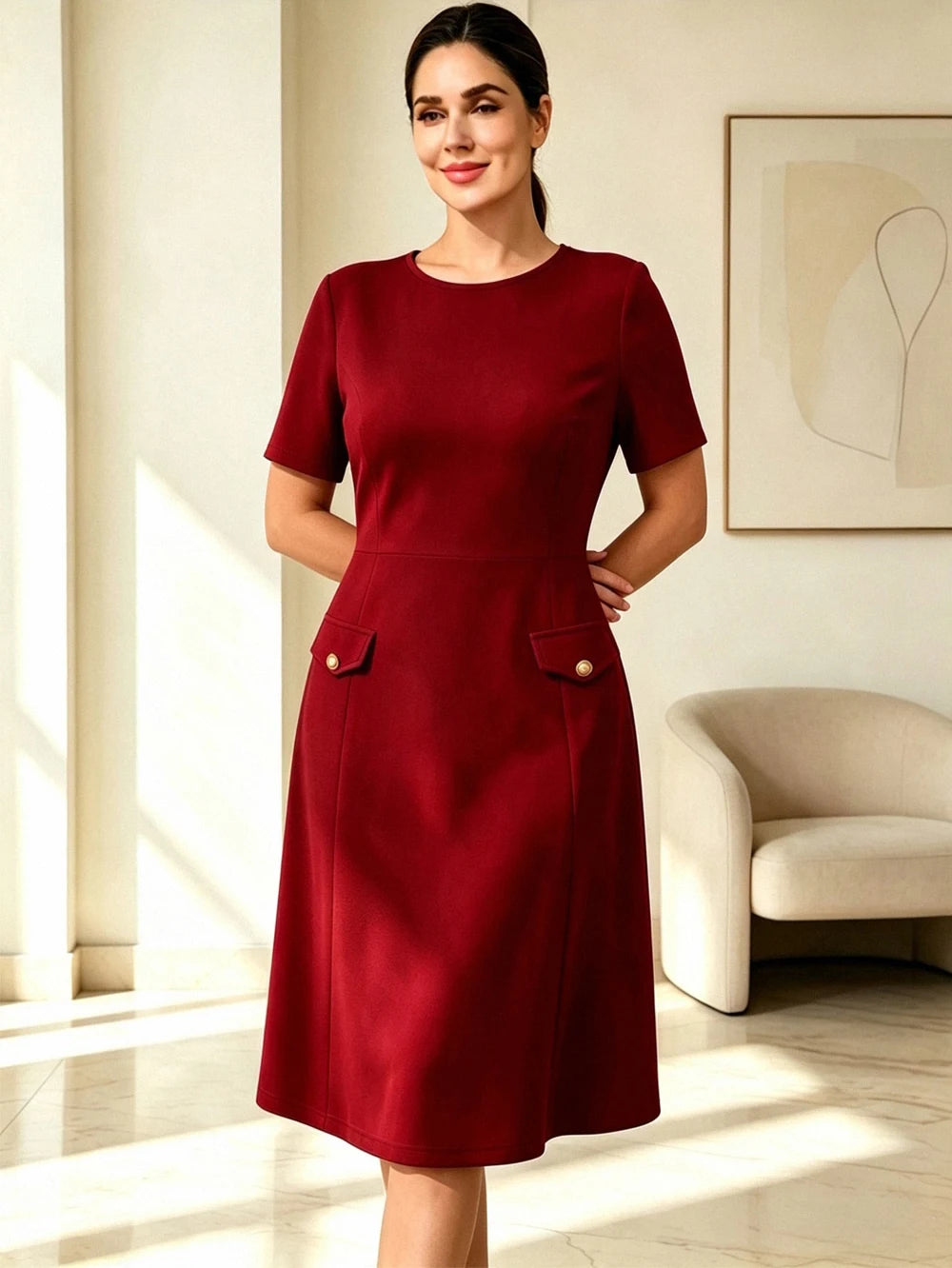 Elegant burgundy formal dress for women; autumn midi-length wedding guest dress featuring lace paneling; suitable for business c