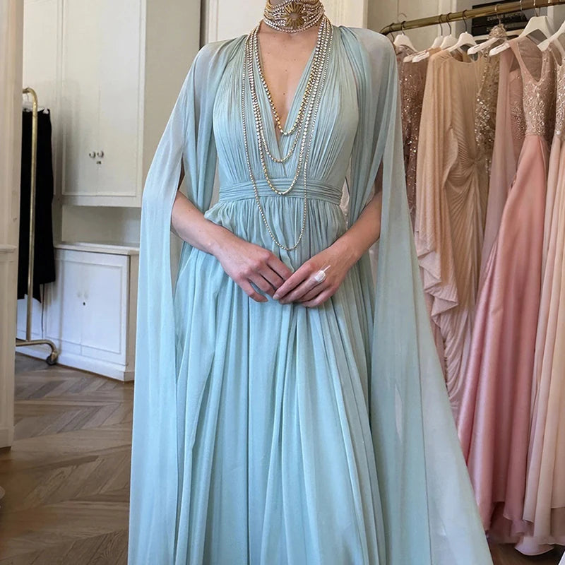Elegant Bridesmaid Wedding Guest Party Dresses Women White Chiffon Evening Maxi Dress Deep V‑Neck Cape Sleeve Long Pleated Gowns