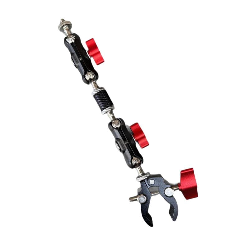 Black and red adjustable camera super clamp with magic arm set featuring articulated joints and clamp ends for versatile mounting.