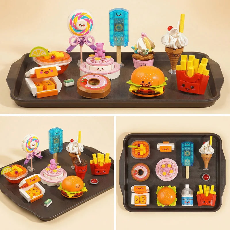 Building blocks, creative and cute food, happy fast food, jigsaw puzzle, sweet words, small particles, educational assembly toys