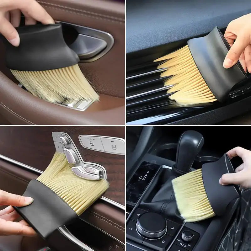 優しい清掃のための、柔らかな淡色の毛先を備えたブラックハンドルの自動車用内装仕上げダストブラシ