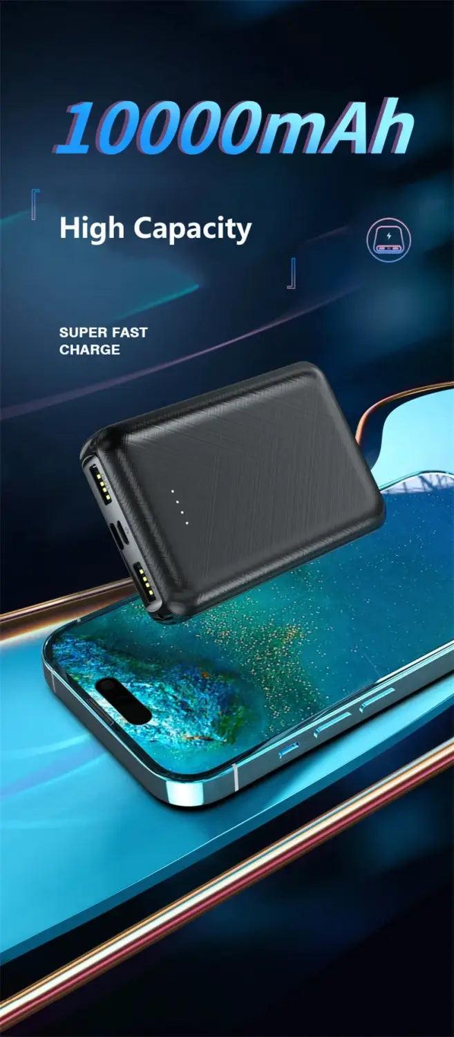 black rectangular power bank with 10000mah capacity and super fast charge ports designed for charging devices including air conditioning clothing and heated vests