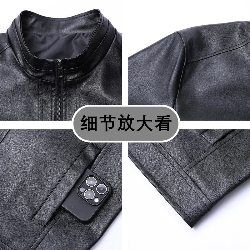 Business Leather Jacket Men Stand Collar Slim Pu Leather Workwear Jackets Fashion Motorcycle Coat Men's Moto Biker Leather Coats