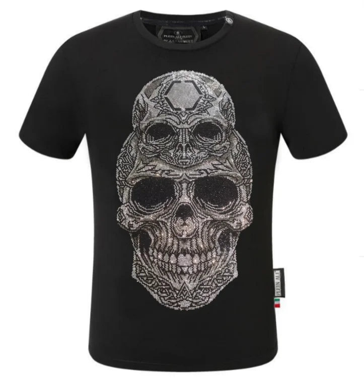 Men rhinestone devil bear graphic tee is a black short-sleeved t-shirt featuring a large intricately detailed skull design embellished with sparkling silver rhinestones.