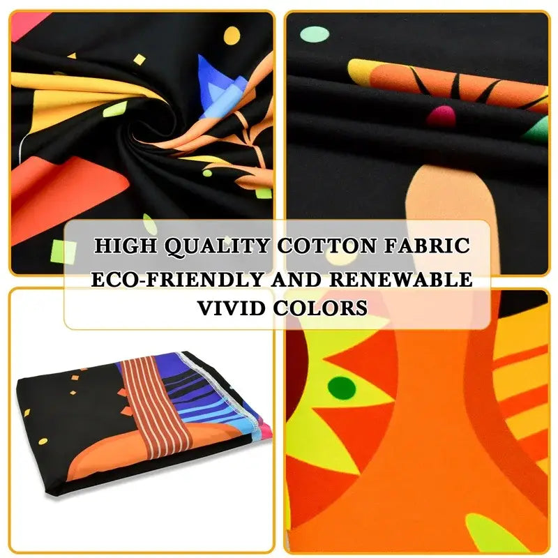 Un foulard aux motifs abstraits éclatants, confectionné dans un tissu en coton de haute qualité, présentant de grandes formes géométriques en orange, bleu, jaune et vert, sur fond noir, affiché comme décor rustique de photographie de mariage avec un fond de couronne en bois.