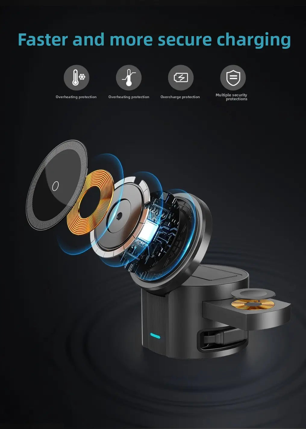 Schwarzes magnetisches Wireless-Ladegerät mit modernem, elegantem Design und sichtbaren internen Spulen; mit ausziehbarem Ladekabel und Fremdkörpererkennung für ein effizientes kabelloses Laden.