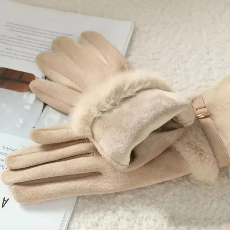Women's Winter Gloves Warm Fleece Lined Windproof Cold-Resistant Touchscreen Compatible with Plush Decoration for Autumn Winter