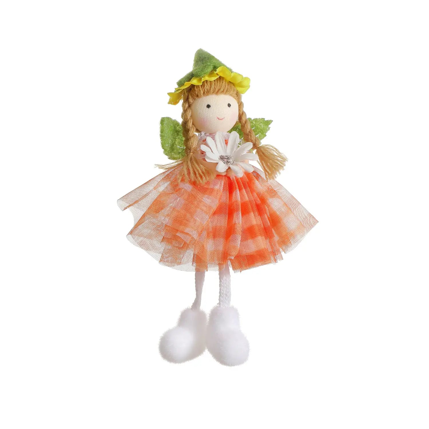 An orange and white checkered tulle fairy doll with braided blonde hair green leafy wings a yellow flower crown and fluffy white boots from the Easter Fairy Hanging Ornaments 4-pack.