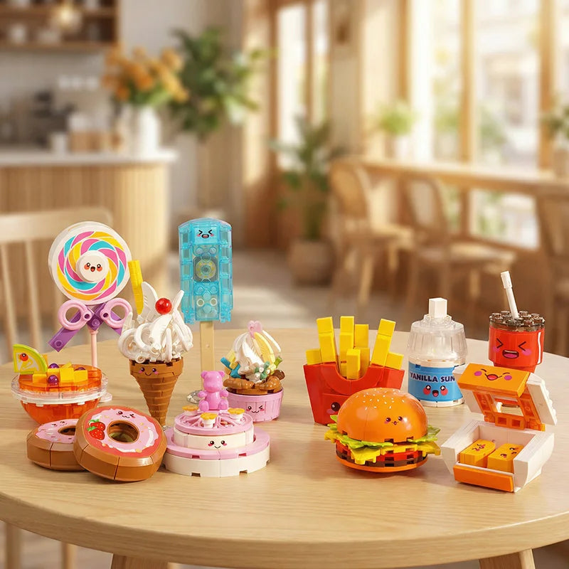 Building blocks, creative and cute food, happy fast food, jigsaw puzzle, sweet words, small particles, educational assembly toys