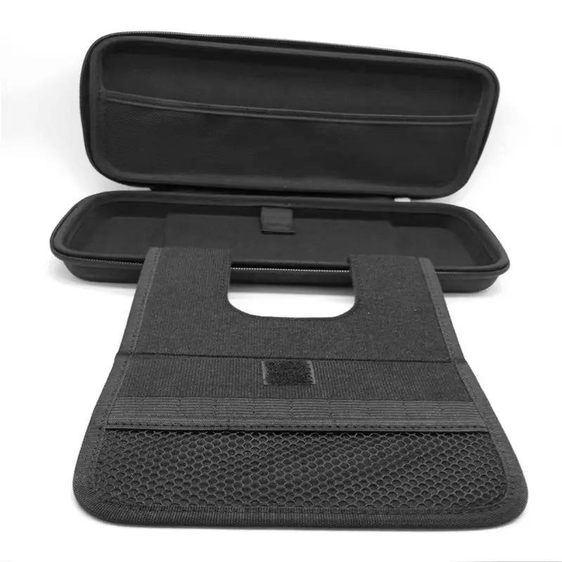 Black hard-shell storage bag for Asus Rog Ally Eva hard case featuring a mesh pocket and padded interior for secure device protection.