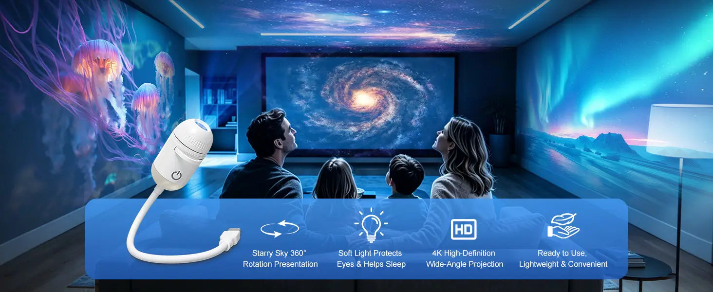 Projecteur USB de galaxie blanc cylindrique avec bras col-de-cygne flexible et connecteur USB-C, conçu comme une lampe de nuit.